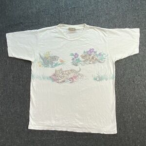VTG Cat Northern Reflections Graphic T-shirt Women's Size M- L All Over Print